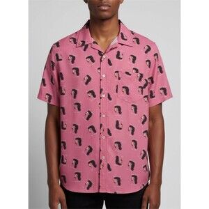 Crown & Ivy Men's Pink MULLET Print Short Sleeve Button Up Shirt M Redneck Party